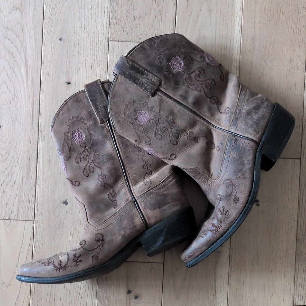 Kids Embroidered Leather Boots - Brown